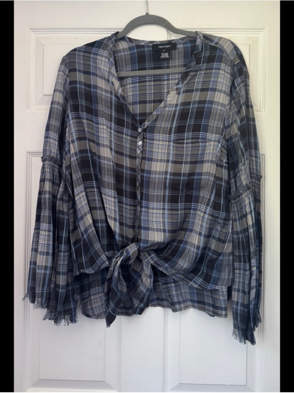 Karen Kane Blue and Gray Plaid Tie-Front Blouse